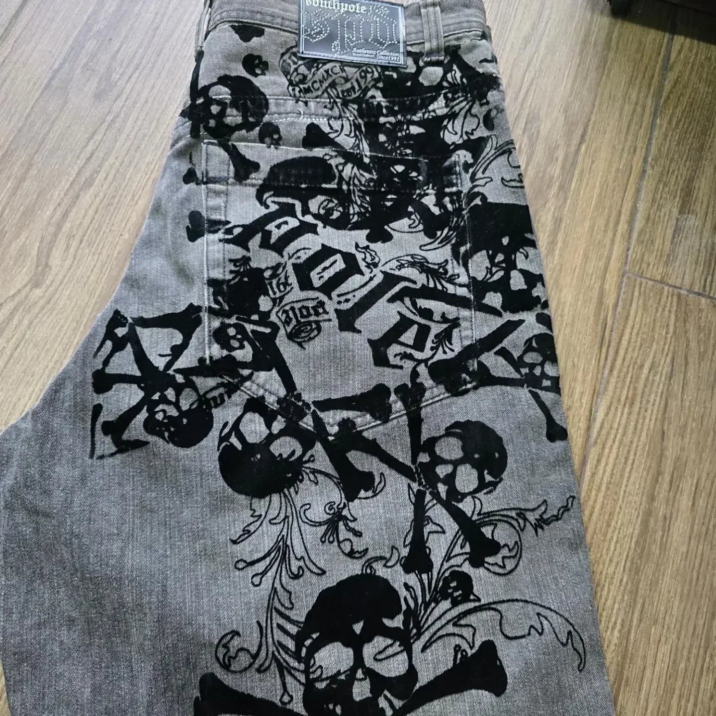 New American Retro Southpole Men Jeans Skull Print Loose Jeans Couple Harajuku Gothic Hip-Hop Straight Wide-Leg Pants