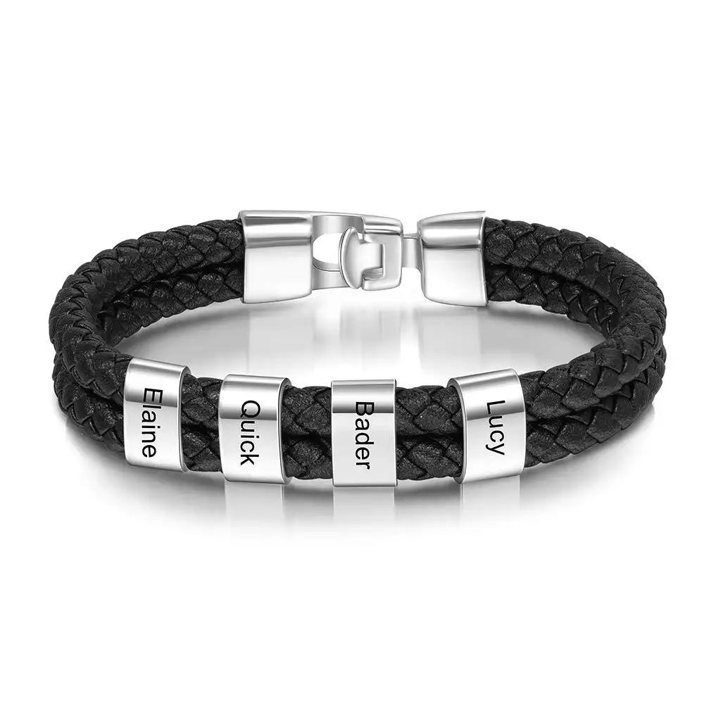 Custom Family Names Beads Bracelet Men Personalized Engraved Bracelets Black Leather Stainless Steel Bracelet Father's Day gift