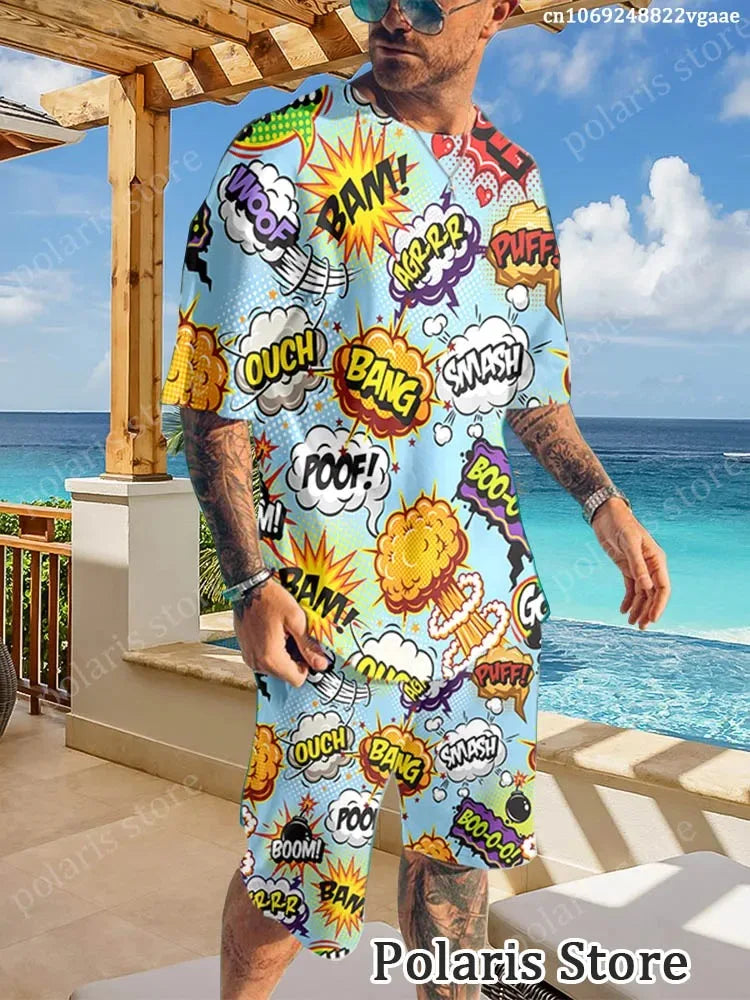 Summer Graffiti Sportswear Men's Fun T-shirt Set Manga Illustrations Loose Clothing Hip Hop Sportswear Two Piece Set Uniform Lig