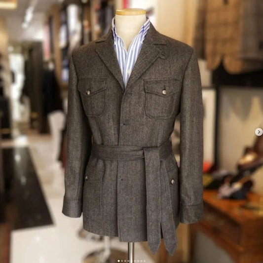 Only jacket 1 PCS Men Coat With Belt Vintage Tweed Hunting Casual Hunting Casual Men's Blazer Single Breasted Stylish