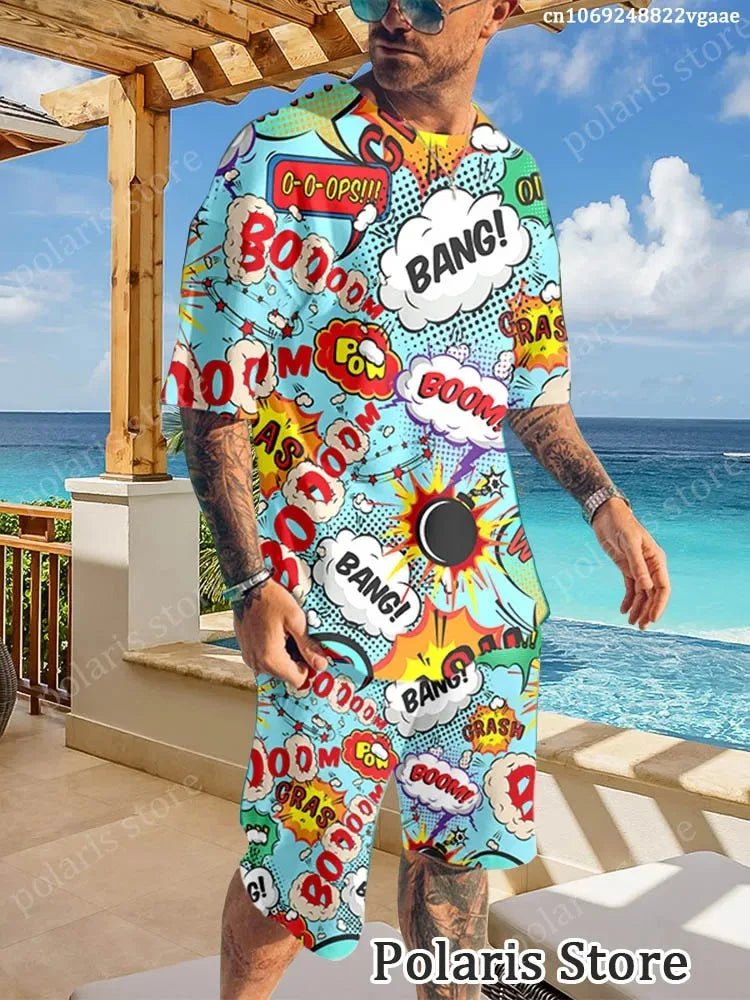 Summer Graffiti Sportswear Men's Fun T-shirt Set Manga Illustrations Loose Clothing Hip Hop Sportswear Two Piece Set Uniform Lig