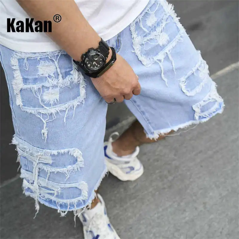 Kakan - New European and American Distressed Tassel Jeans for Men, Blue Casual Shorts and Capris K9-519