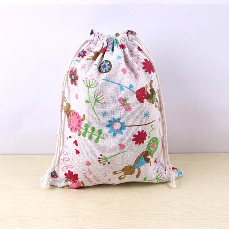 Cotton Linen Fabric Pouch Drawstring Bag Cute Animal Plant Print Kids Travel Cloth Shoes Storage Bag Makeup Case Xmas Gift Bag
