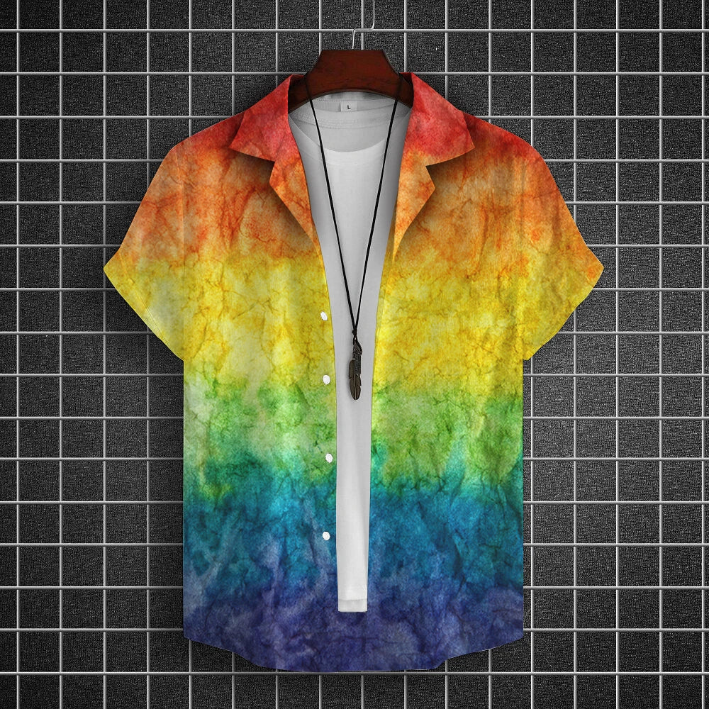 Summer Oversized Romantic Men'S Shirt Rainbow Pattern Fashion Short Sleeve Print Top Simple High Quality Street Loose Hawaiian