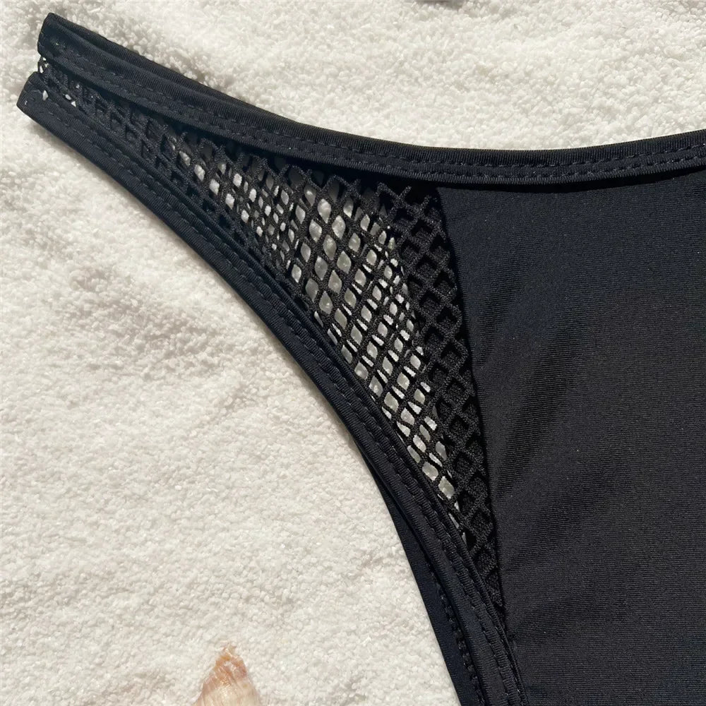 Black Mesh Patchwork Micro Bikini Thong String Halter Swimwear Mini Sexy Swimsuit Women 2025 Hollow Out Bathing Suit Bikinis Set