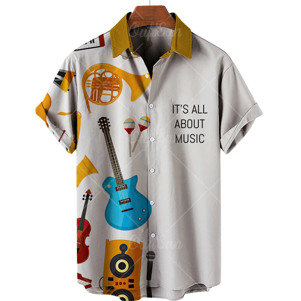 Men's Hawaiian Shirts For Men Casual Musical Instruments 3D Printed Shirts Loose Short-sleeve Beach Blouses Tops Camicias homme