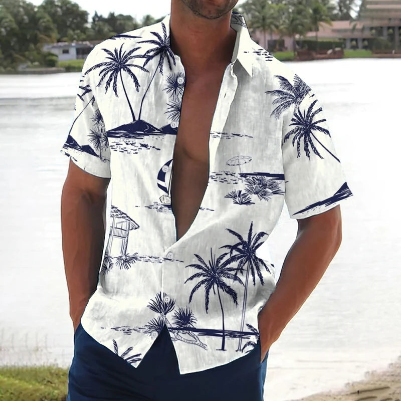 Retro Men's Shirt Coconut Tree Print Short Sleeve Shirts Beach Casual Man Clothing Loose Oversized Hawaiian Shirts For Men 2024