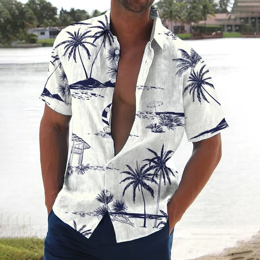 Retro Men's Shirt Coconut Tree Print Short Sleeve Shirts Beach Casual Man Clothing Loose Oversized Hawaiian Shirts For Men 2024