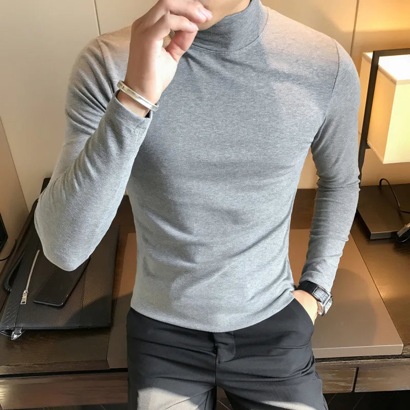 Spring New Men's Turtleneck T-shirt Long Sleeve Slim Fit Solid Color High Elastic Bottoming Pullovers Basic Style Male Tops