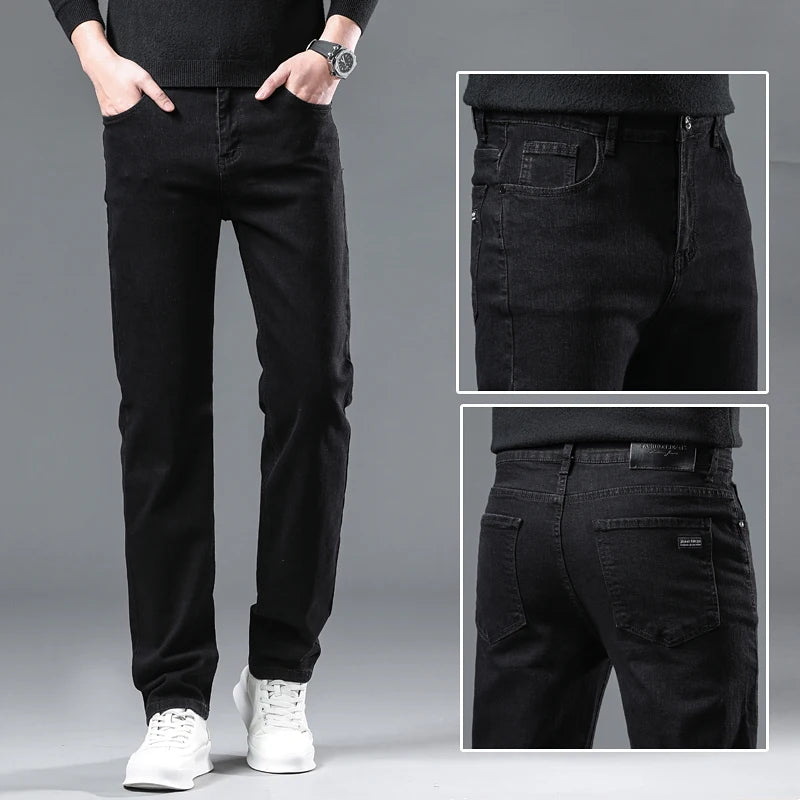 Men's Pure Black Jeans Version Trendy Straight Fit Pants Men's Comfortable  Elastic Classic Business Jeans brand Denim Trousers