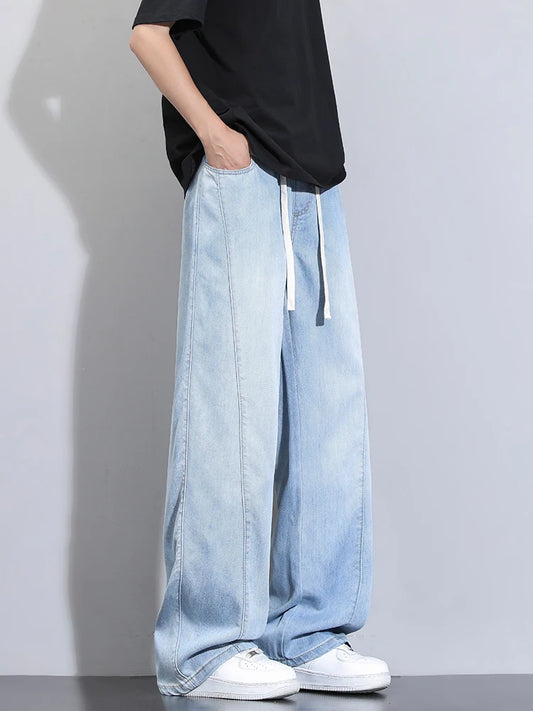 Summer Lyocell Jeans Men Korean Fashion Wide Leg Straight Denim Pants Light and Thin Cool Baggy Jeans Trousers