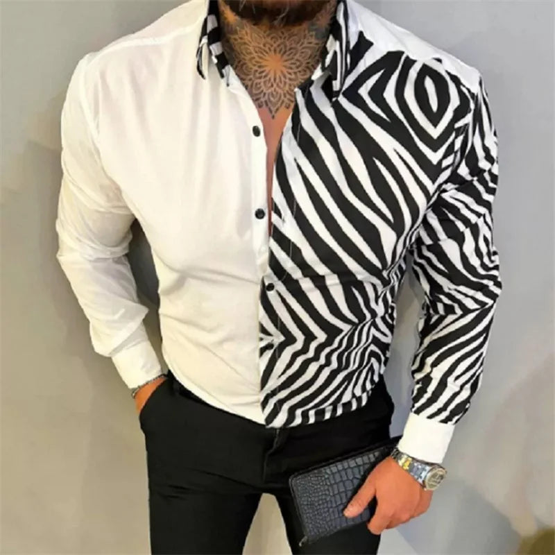 Long sleeved men's Hawaiian shirt beach social 2024 lining high-end men's shirt 3D printed shirt black and white opposition clas