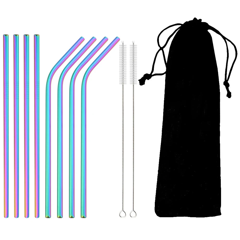 Colorful Reusable Drinking Straw Metal Straws 304 Stainless Steel Straws Set with Brush Bar Cocktail Straw for Glasses Drinkware