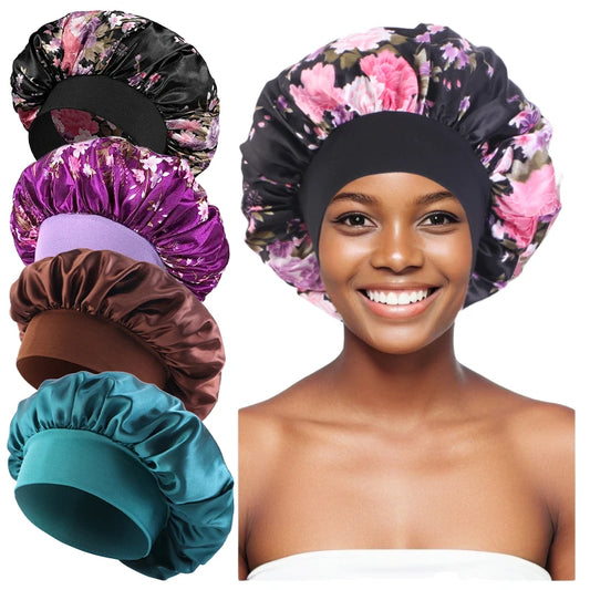 4PCS/LOT Satin Wide Brim Floral Nightcap Bonnet Hair Wrap Night Sleeping Sleep Cap Elastic Soft Band Hair Care Shower Hat