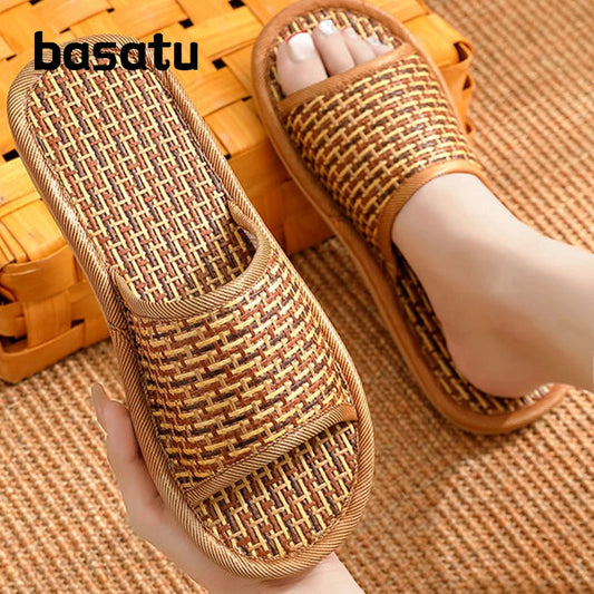 BASATU Women And Men Slippers Non-Slip Home Rattan Grass Indoor Couple Home Men And Women Spring And Summer Bamboo Woven Sandals