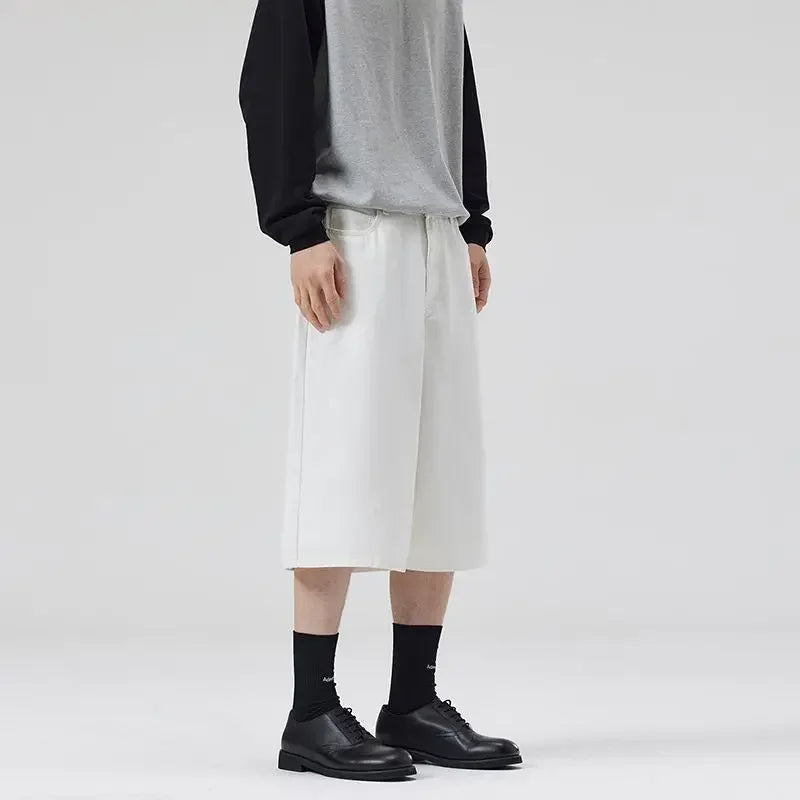 100% Cotton White Jeans Summer Men's Shorts Baggy Wide-leg Casual Calf-length Denim Pants Oversized Loose Fashion Streetwear