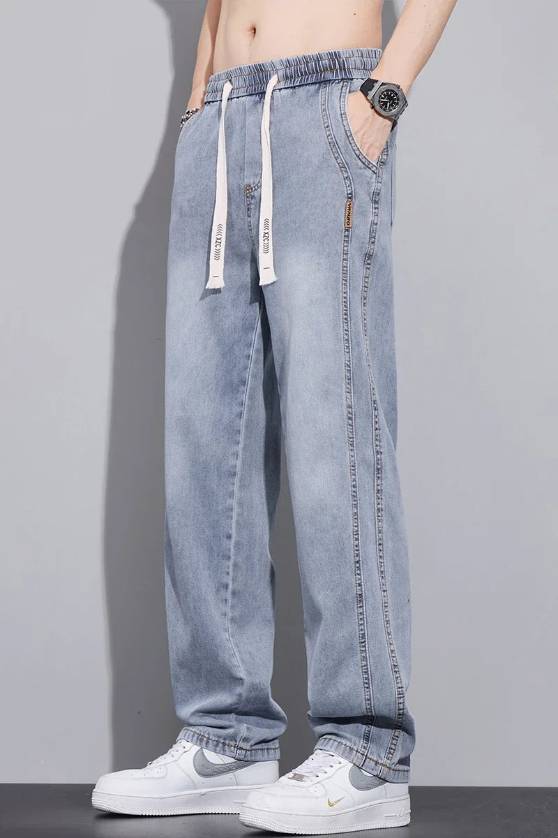Pop Drawstring Summer Jeans Men's Lyocell Soft Quality Pants Stretch Waist Straight Casual Baggy Denim Trousers Streetwear
