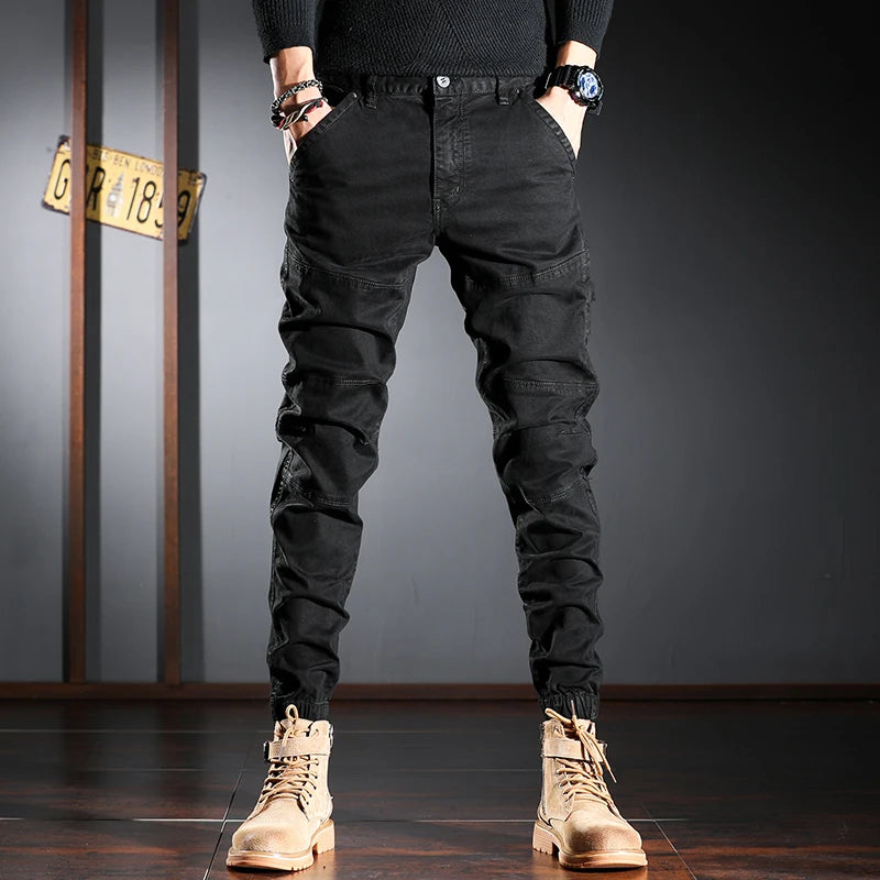 Streetwear Fashion Men Jeans Elastic Stretch Slim Fit Spliced Designer Casual Cargo Pants Hombre Hip Hop Joggers Men Overalls