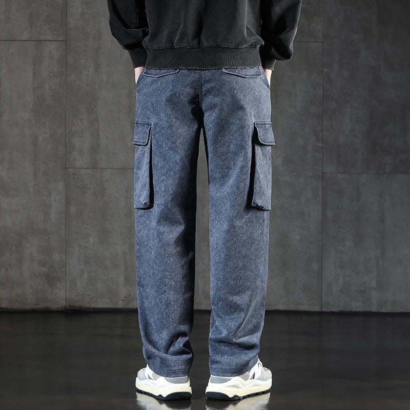 New Men's Loose Cargo Jeans Outdoor Paratrooper Straight Pants Fashionable Stretch Loose Wide Leg Pants Large Size 4XL 5XL