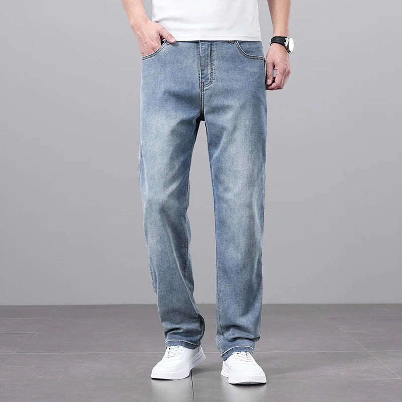 Ultra-thin Baggy Jeans Men's 2024 New Lyocell Soft Fabric Brand Casual Straight Stretch Vintage Denim Trousers Male
