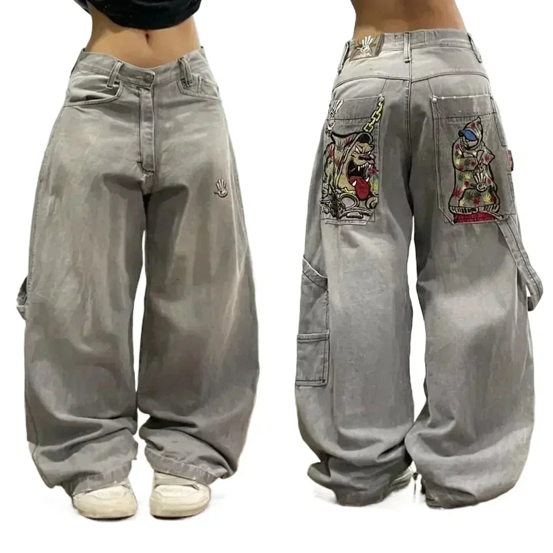 American Y2K New Hip Hop Gothic Embroidered Straight Jeans Men Street Casual Loose Oversized Mopping Wide-leg Pants Couple Jeans