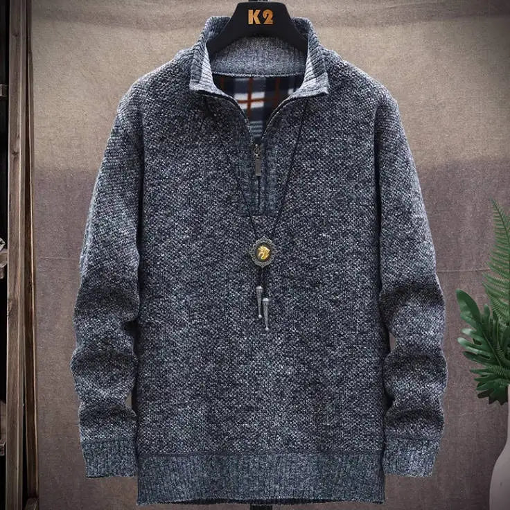 New Fleece Men's Large Size Half Turtleneck Sweater Men's Zipper Knit Sweater Slim Fit Casual Pullover Fall Winter Men