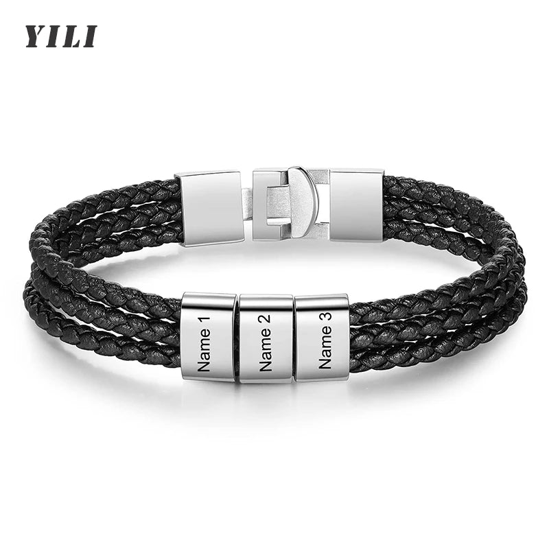 Custom Family Names Beads Bracelet Men Personalized Engraved Bracelets Black Leather Stainless Steel Bracelet Father's Day gift