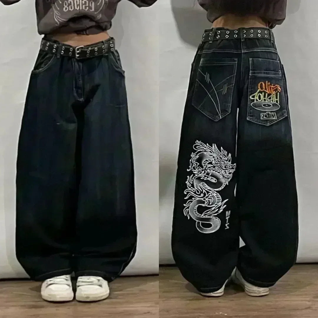 American Street Trend Letter Embroidered Loose Jeans Men Harajuku Y2K New Hip Hop Oversized Wide-leg Pants Unisex Mopping Jeans