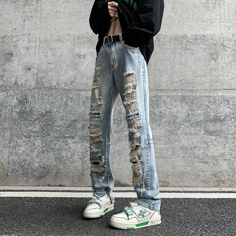 Men Summer Big Ripped Tassel Fashion Jeans Male Breathable Streetwear Baggy Hip Hop Distressed Denim Pants Y2k Goth Trouser