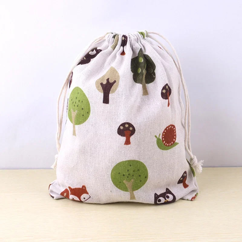 Cotton Linen Fabric Pouch Drawstring Bag Cute Animal Plant Print Kids Travel Cloth Shoes Storage Bag Makeup Case Xmas Gift Bag