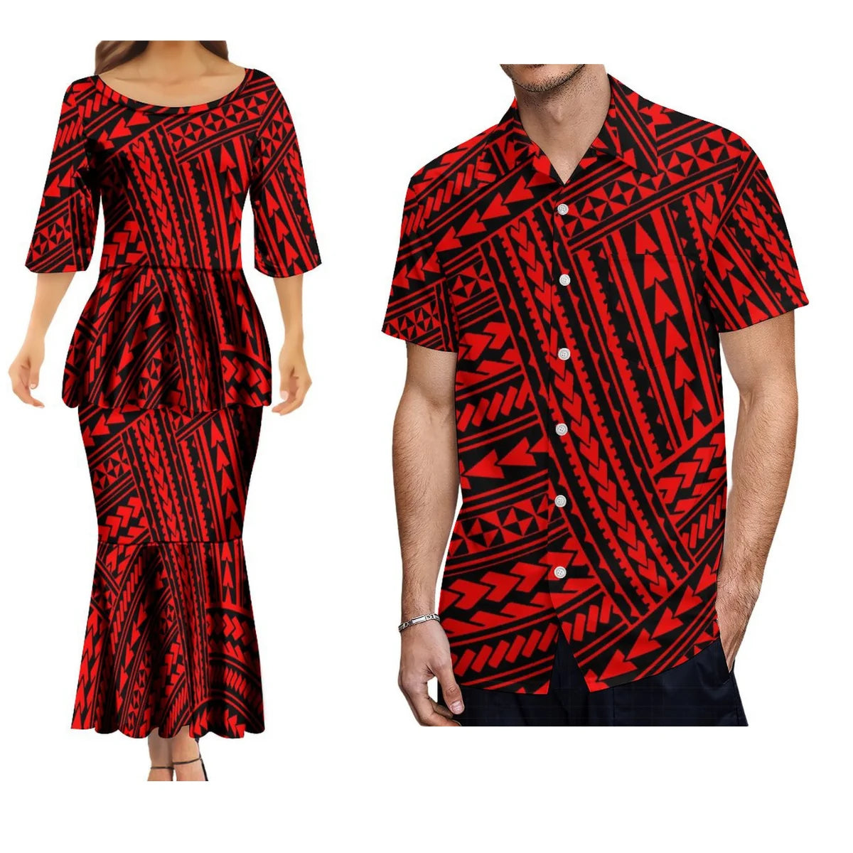 Polynesian Tribes Print Family Matching Clothing Couple Clothing Samoan Dress Puletasi Suit And Plus-Size Men'S Shirt