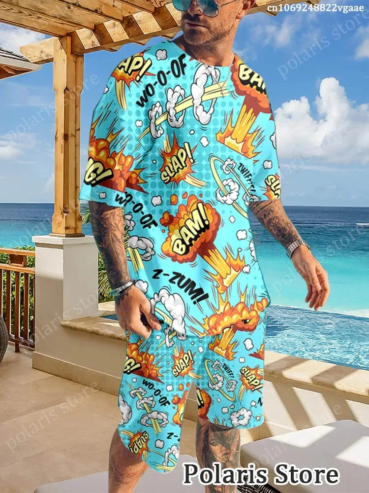 Summer Graffiti Sportswear Men's Fun T-shirt Set Manga Illustrations Loose Clothing Hip Hop Sportswear Two Piece Set Uniform Lig