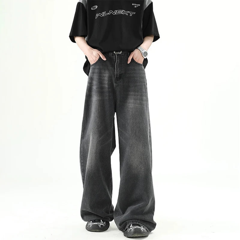 Men Denim Pants Old Blue Washed Male Jeans Straight Casual Menwear Loose Wide Leg Trousers New Fashion Korean High Street Denim