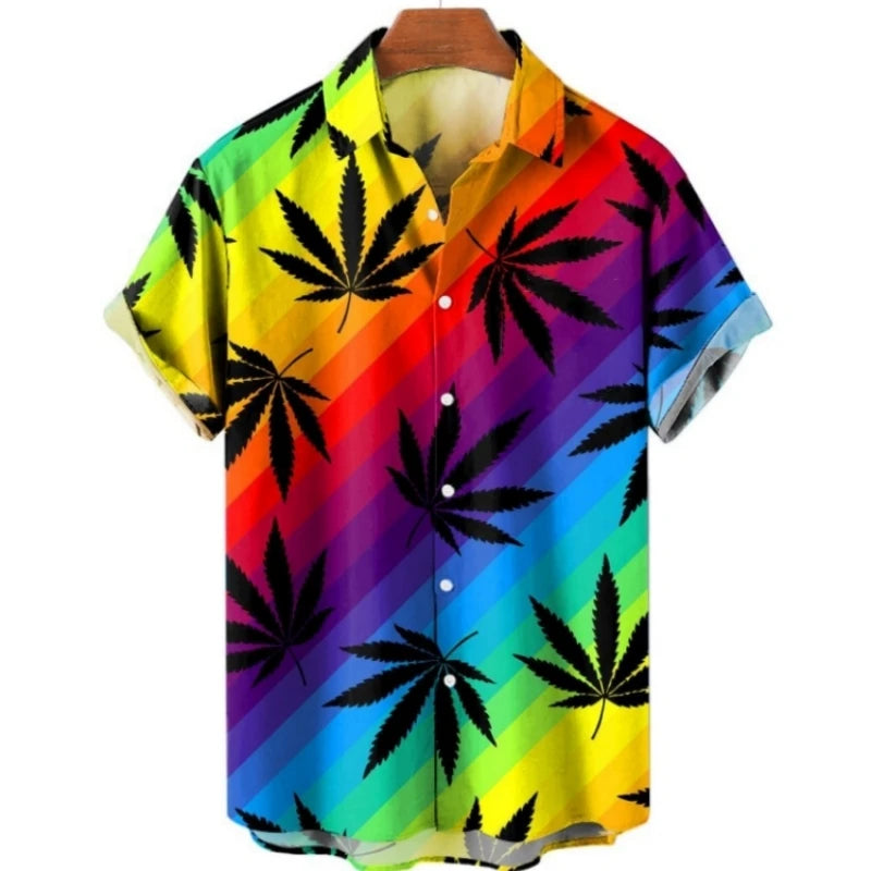 Summer Oversized Romantic Men'S Shirt Rainbow Pattern Fashion Short Sleeve Print Top Simple High Quality Street Loose Hawaiian