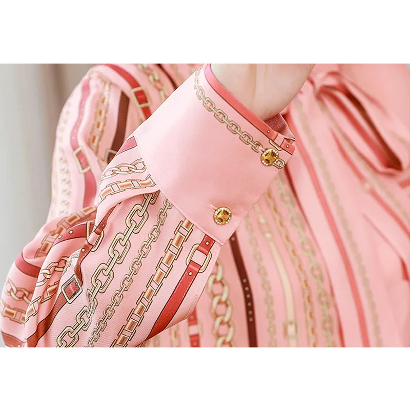 FANIECES Bow Tie Neck Blouse For Women Spring Autumn Long Sleeve Tops Pink Luxury Print Shirt Elegant Fashion Blusa Mujer Moda