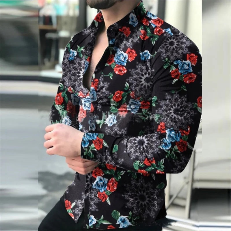 Long sleeved men's Hawaiian shirt beach social 2024 lining high-end men's shirt 3D printed shirt black and white opposition clas