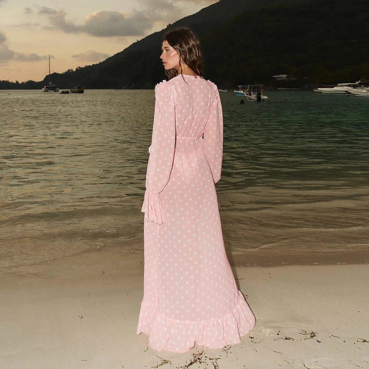 Pink Dot Print Cover-Ups Bikinis 2025 Sexy Women Swimsuits Swimwear Female Bikini Set Bathing Suit Swimming Suits Mesh Dress