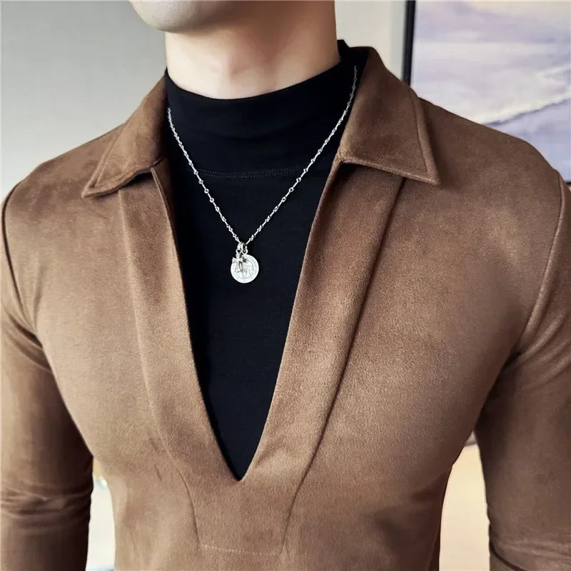 Men Fake Two-piece T-shirt Pullover 2024 British Style Autumn Winter Woolen Warm Thick Turtleneck T-shirt Fashion Men Clothing
