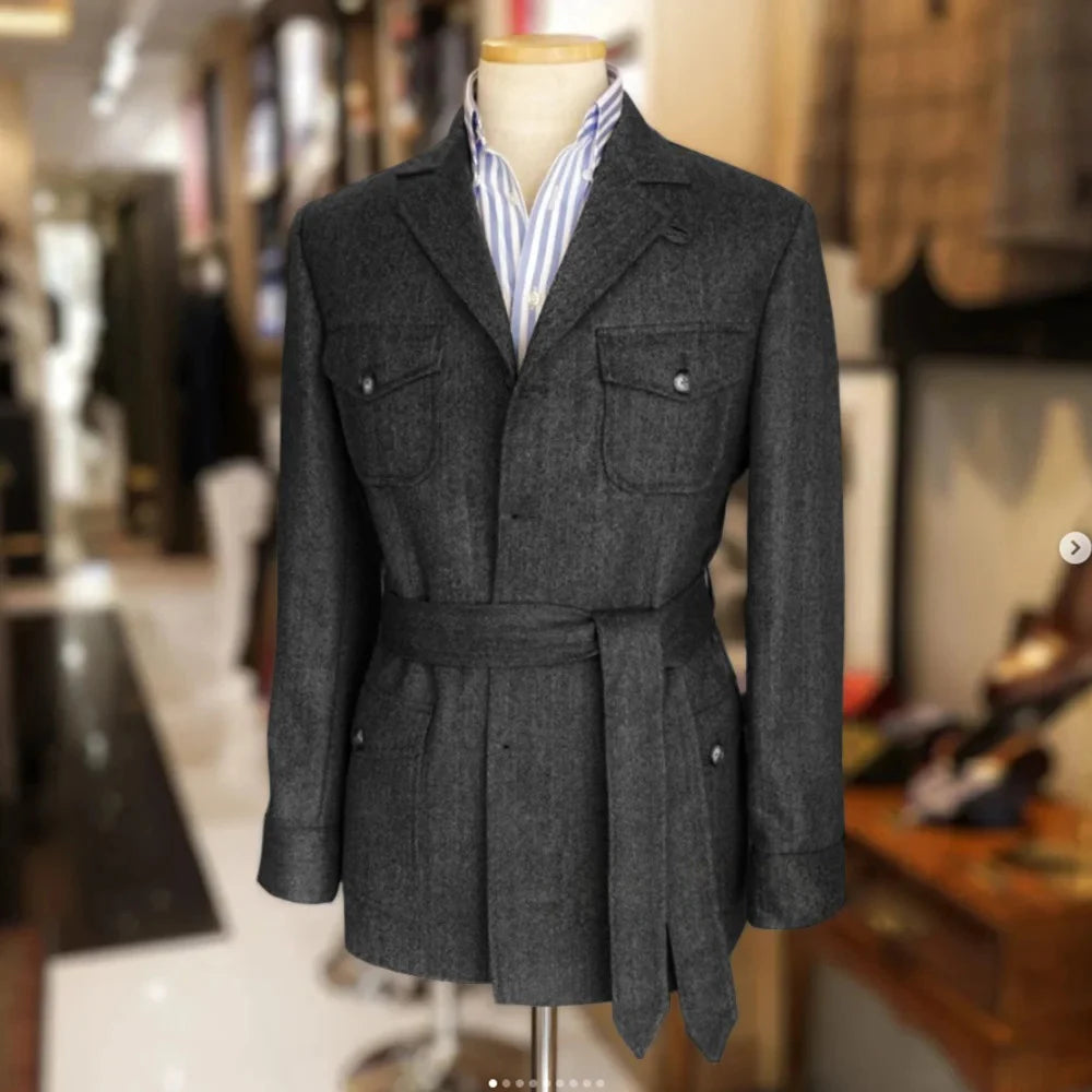 Only jacket 1 PCS Men Coat With Belt Vintage Tweed Hunting Casual Hunting Casual Men's Blazer Single Breasted Stylish
