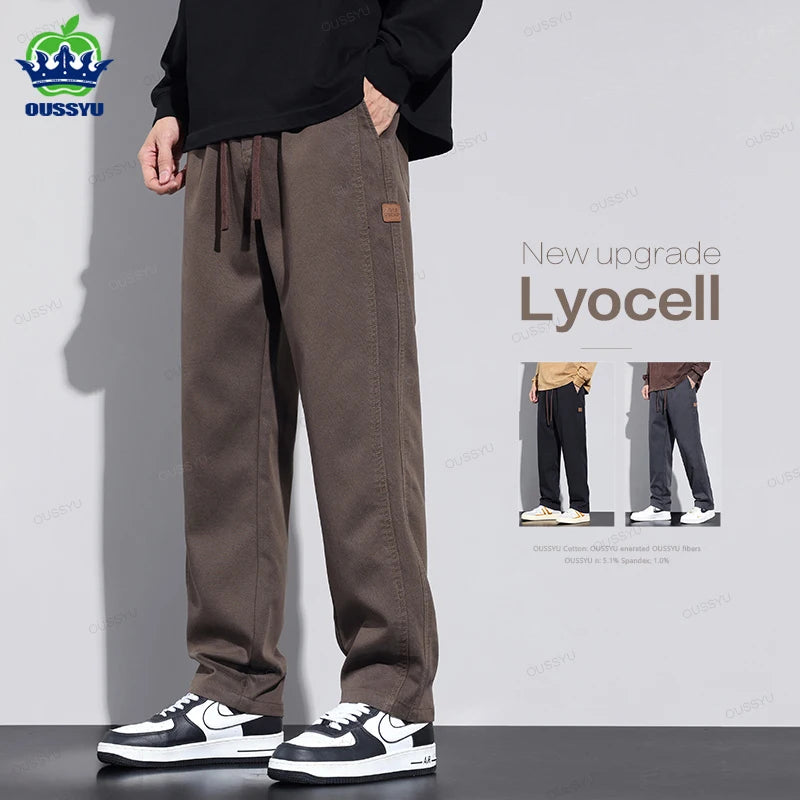 All Seasons Soft Lyocell Fabric Men's Pants Loose Straight Drawstring Elastic Waist Korea Casual Trousers Plus Size M-4XL