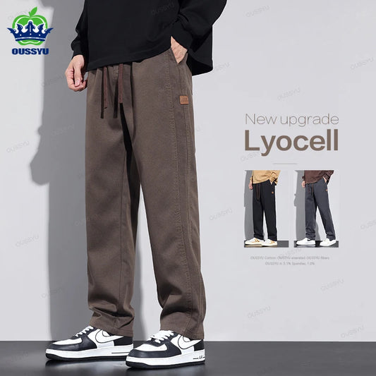 All Seasons Soft Lyocell Fabric Men's Pants Loose Straight Drawstring Elastic Waist Korea Casual Trousers Plus Size M-4XL