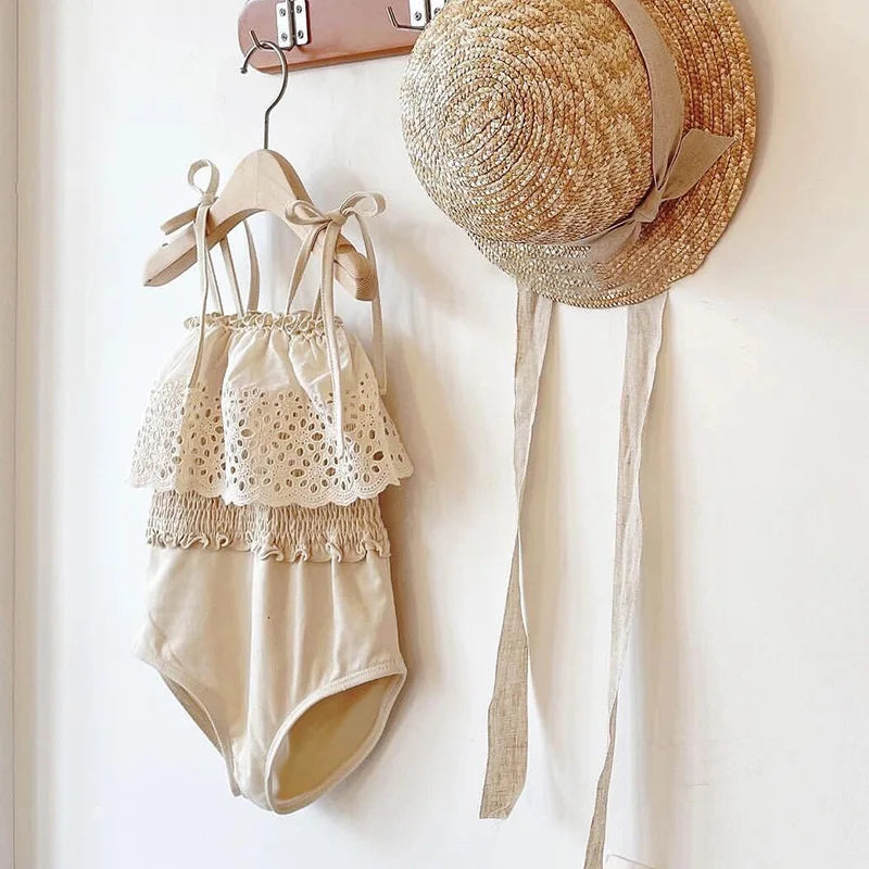 deer jonmi 2025 Summer Korean Style Baby Girls Swimsuits Lace Hollow Out Toddlers Kids Beach Vacation Bikini Children Swimwear