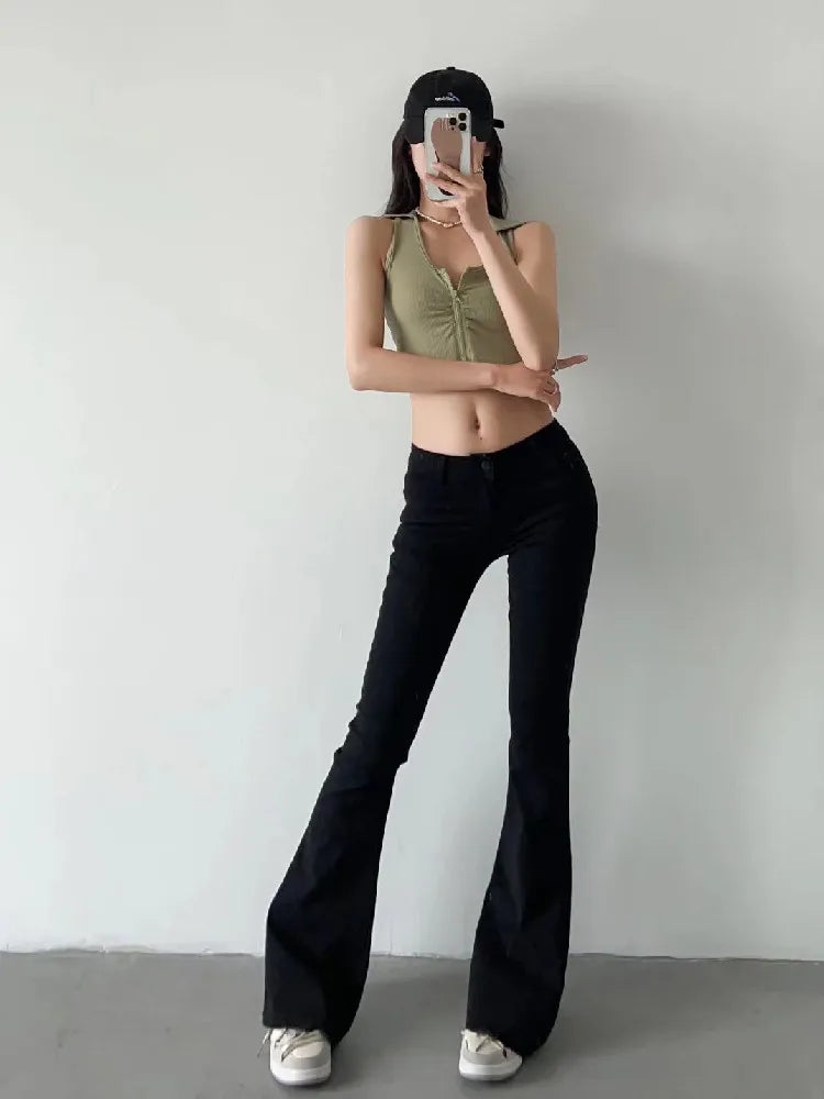 2022 Spring Autumn Sexy Low Waist Floor Length Burr Cuff Flare Jeans Women Vintage Stretch Denim Pants Streetwear Long Trousers