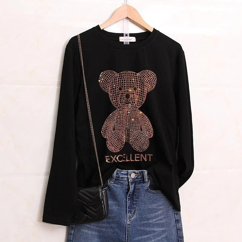 Glitter T Shirts for Women Korean Fashion Sequin Clothing Black Clothes Aesthetic Woman T-shirt  Rhinestone Streetwear Top Loose