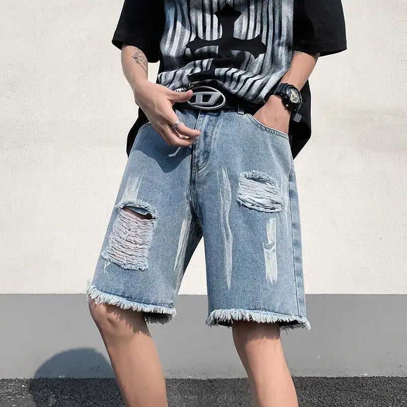 Tie-dye Furnished Denim Shorts Men's Ripped High Street Design Over-the-knee Five-point Pants