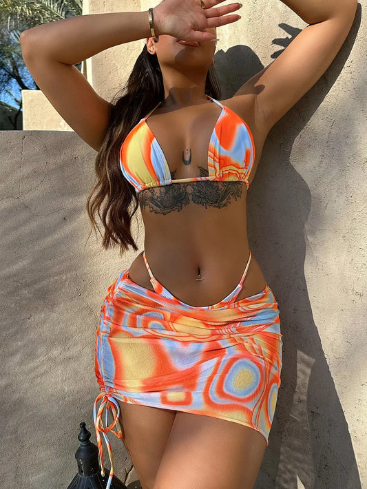 Sexy Orange Gradient 3 Piece Bikinis Sets Women Push Up Pleate Skirt Swimsuit Summer Bathing Suit Cover Up Swimwear Biquini 2024