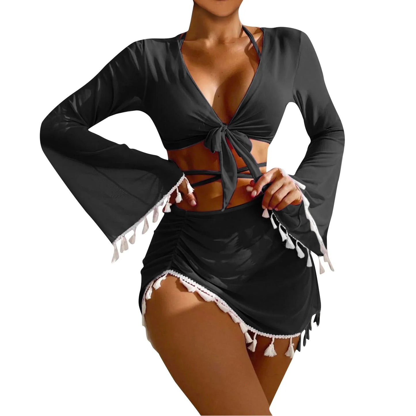 Solid Color Sexy Fashion Slim Fitting Beach Swimwear For Lady Split Lightweight Strap High Waist Pleated Cover-up Four-Piece Set