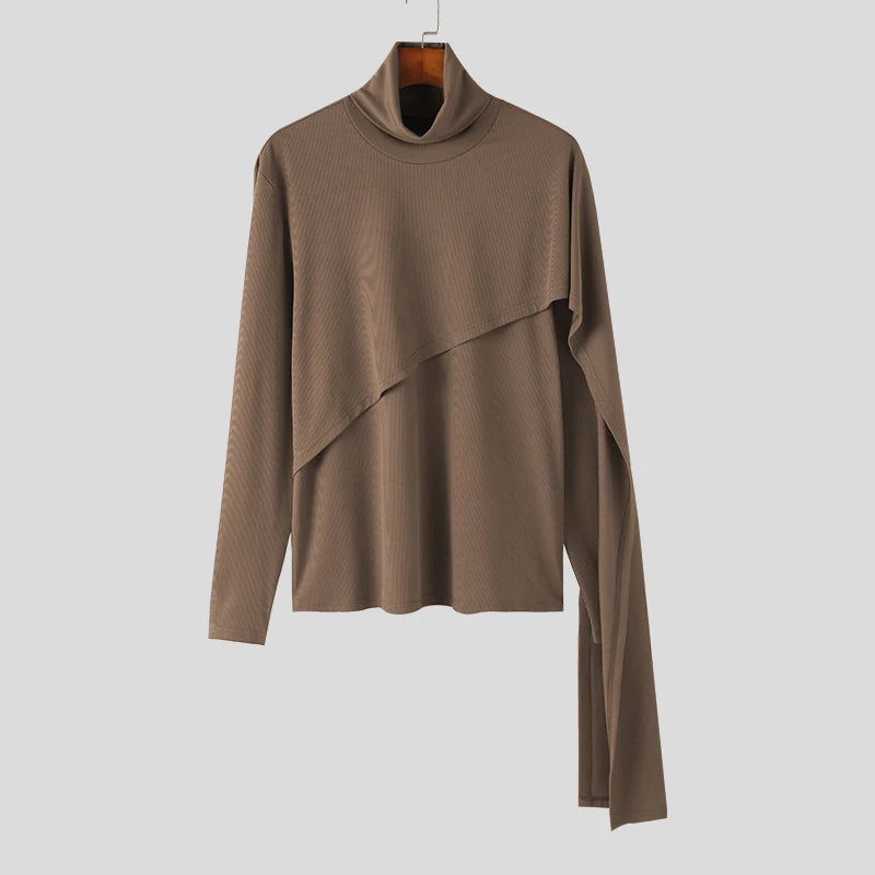 INCERUN Men Irregular Pullovers Solid Color Turtleneck Long Sleeve Knitted Casual Sweaters Streetwear Autumn 2023 Men Clothing