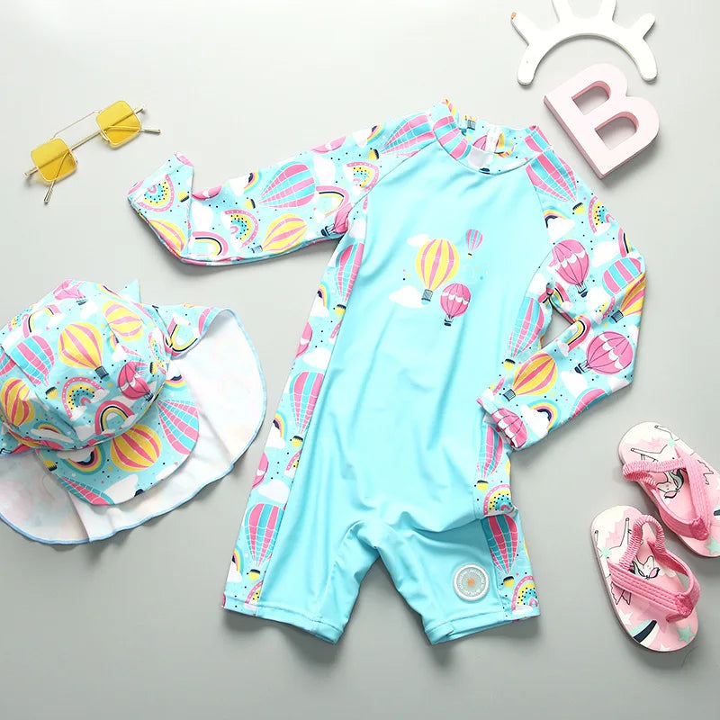 UPF50 Girls Swimwear Long Sleeves Floral Baby Swimsuit UV Protection Children's Swimming Suit Beach Summer Toddler Bathing Suit
