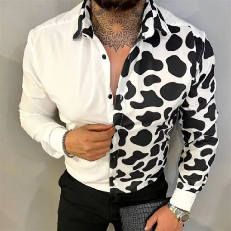 Long sleeved men's Hawaiian shirt beach social 2024 lining high-end men's shirt 3D printed shirt black and white opposition clas